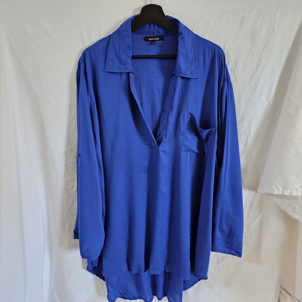 New Look Womens 1X Royal Blue V-Neck Long Roll-Tab Sleeve High-Low Tunic Top...